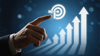 Hand pointing at target with arrows indicating growth on a blue gradient background with bokeh effect