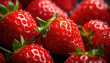 Close up Macro Shot of Ripe Red Strawberries Covered in Water Droplets on a Dark Surface