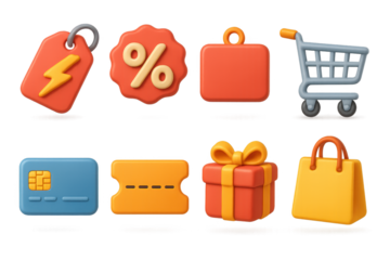 Colorful shopping icons: tags, carts, gift boxes, and bags in 3d style