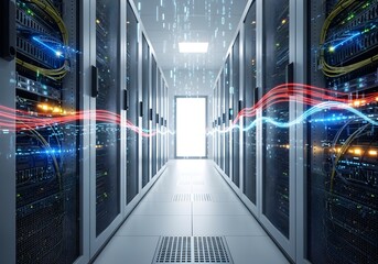 Data Center Server Room with High Speed Network Connection, Futuristic Data Transfer and Cloud Computing Infrastructure