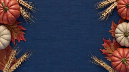 An autumn background featuring pumpkins, leaves, and wheat arranged on a table, suitable as an abstract autumn wallpaper for design, text decoration, or autumn-themed projects.