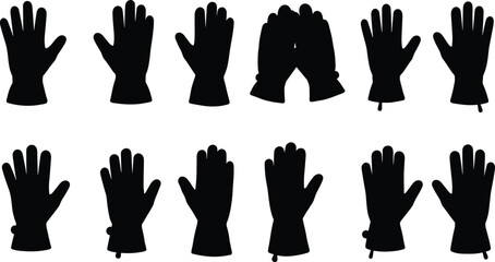 Black glove silhouettes collection, isolated hand shapes, fashion accessory icons, protective wear design, vector illustration set, winter clothing elements, 