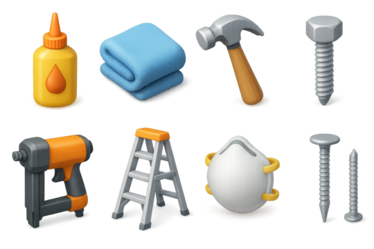 Colorful tool icons: hammer, glue, bolt, drill, ladder, mask, towel, screws