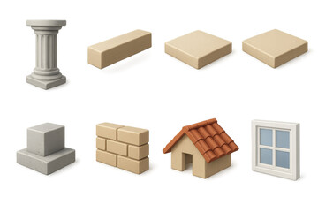 Collection of various building construction icons including pillar, brick, tile, and more