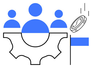 Three figures above a gear, coin in motion, flag symbolizing progress and achievement. Ideal for collaboration, teamwork, finance, leadership, innovation investment goal-setting. Simple flat