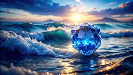 Fototapeta premium Radiant Blue Sapphire Hovering Above Ocean Waves at Sunset
