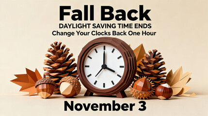 Clock and autumn elements, time adjustment prompt for "callback: end daylight saving time, slow down the clock by one hour, execute on November 3rd"