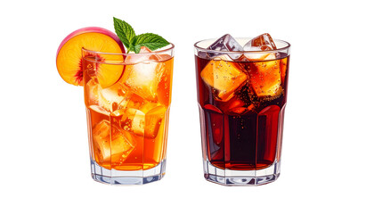  Pair of Refreshing Iced Tea Variations with Garnishes, isolated on transparent background
