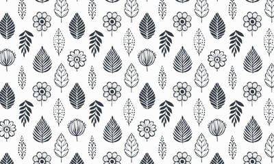 Hand drawn Scandinavian folk art botanical seamless vector pattern with leaves and flowers