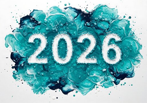 Text 2026 displayed on abstract teal paint splash against white background - Powered by Adobe