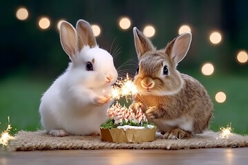 Obraz premium Celebration of bunnies enjoying sparkler cake outdoor garden photography festive night close-up joyful moment