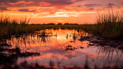 Obraz premium Serene Sunset Over Marsh with Reflection in Calm Water and Grassy Shoreline in Vast Open Field
