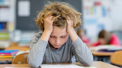 A boy is sitting at a desk with his head in his hands. He looks very upset and is crying
