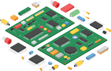 Cad drawing flat vector illustration, isometric PCB design, electronic circuit board, microchips, capacitors, resistors, components, engineering, schematic layout