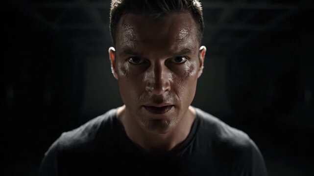 Intense Close-Up of a Determined Man in Dramatic Lighting, Ready