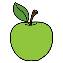 Hand-drawn cartoon green apple with leaf on a white background.