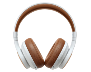Modern wireless headphone audio gadget for immersive sound. stylish personal technology device for listening to music with comfort. brown and white earphone element