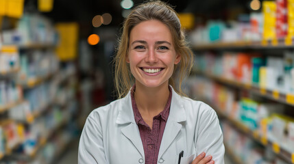 Professional pharmacist in white coat reviewing medications in drugstore, healthcare expertise and trust