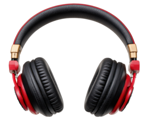 Red and black DJ style headphones for energetic music listening. Modern audio headset provides clear sound for an immersive performance and entertainment experience