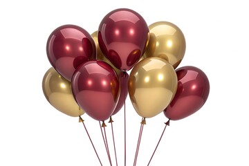 Bunch of gold and burgundy balloons on white background