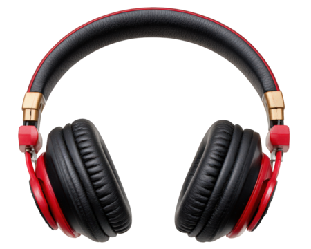 Red and black DJ style headphones for energetic music listening. Modern audio headset provides clear sound for an immersive performance and entertainment experience