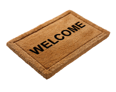 Brown welcome doormat with black text at home entrance. Inviting entryway decor, friendly mat for floor isolated on background for easy placement and design