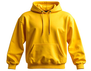 A bright yellow hooded sweatshirt with a front pocket and drawstrings isolated on transparent background