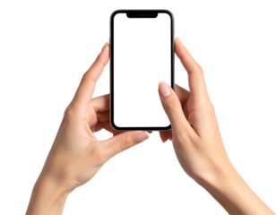 Close up of a person s hands holding a modern smartphone with a blank white screen isolated on transparent background