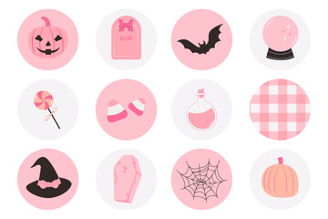 Set of round stickers for Halloween. Collection of cute pink elements. Vector illustration