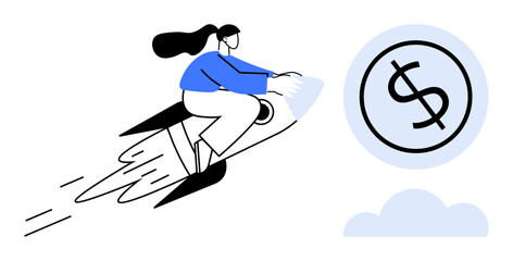 Woman riding a fast-moving rocket towards a dollar sign in a blue circle amidst clouds. Ideal for business, finance, innovation, success, investment, entrepreneurship, motivation, simple flat