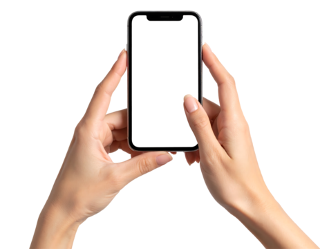 Close up of a person s hands holding a modern smartphone with a blank white screen isolated on transparent background