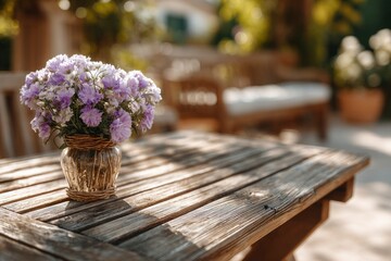A glass vase of purple flowers sits on a weathered wooden table in an outdoor setting