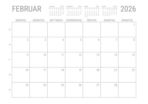 Monat Kalender Februar 2026 Monatskalender Kalenderblatt Kalendarium mit Kalenderwoche Planer DIN A4 Deutsch	