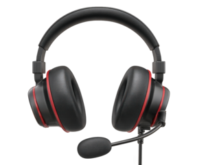 Black gaming headset with microphone for immersive audio sound. An isolated technology accessory for focused communication and online entertainment