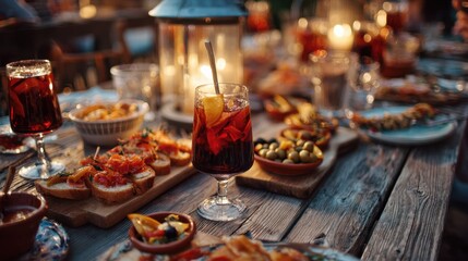A warm evening gathering features a rustic table adorned with various dishes drinks in glasses and soft candlelight illuminating the scene creating a cozy ambiance.