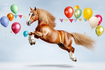 Celebratory horse jumping with colorful balloons outdoor festivity digital art whimsical atmosphere dynamic angle