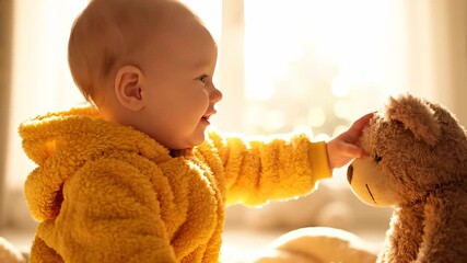 Baby touching teddy and play. Baby reaching for toy with gentle smile. Family bonding and care shown. Cozy playtime in sunlit home. Soft plush texture invites touch. Warm window light creates calm.