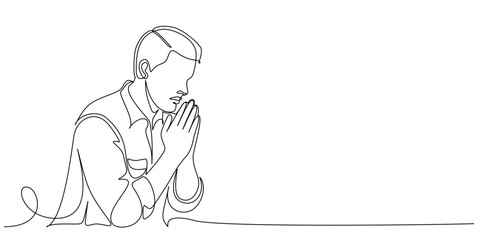 Simple line art style vector illustration of a man in praying