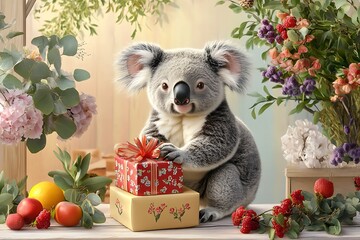 Cute koala embracing gifts surrounded by flowers in a colorful nature setting captured with a whimsical perspective