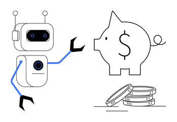 Robot reaching for a piggy bank with a dollar symbol, surrounded by stacked coins. Ideal for automation, savings, finance, investment, technology, innovation, efficiency simple flat metaphor