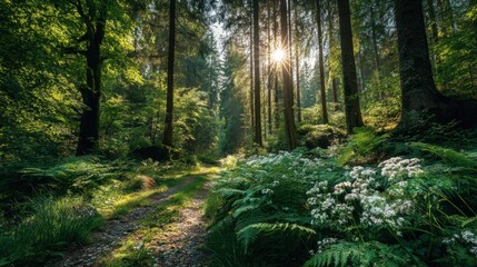 Fototapeta premium A forest path is lined with trees and wildflowers. The sun is shining through the trees, casting a warm glow on the path. The scene is peaceful and serene
