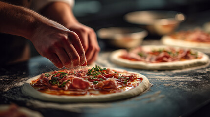 A chef sprinkling seasoning on a pizza with ham and herbs in a restaurant kitchen