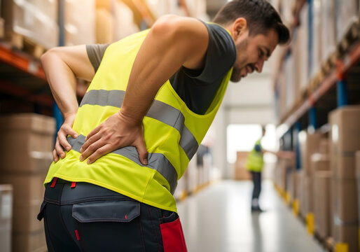 Warehouse Worker Injury Back Pain Suffering in Workplace, Safety Hazard, Manual Handling, Occupational Health, Painful, Work Injury, Unsafe Environment - Powered by Adobe