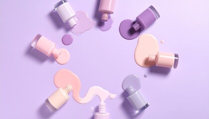 倒れたボトルの散らばり方が自然で、中央には広い余白が確保され、コピーやブランドロゴを配置しやすい構図です。
柔らかなパステルトーンと1980年代のレトロビューティー感が調和したスタイリッシュなビジュアル。コスメ広告、デザインテンプレート、SNS用ビジュアルに最適です。