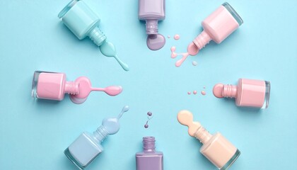 Obraz premium 倒れたボトルの散らばり方が自然で、中央には広い余白が確保され、コピーやブランドロゴを配置しやすい構図です。 柔らかなパステルトーンと1980年代のレトロビューティー感が調和したスタイリッシュなビジュアル。コスメ広告、デザインテンプレート、SNS用ビジュアルに最適です。