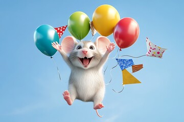Joyful mouse floating with balloons in the sky whimsical illustration cheerful environment playful viewpoint