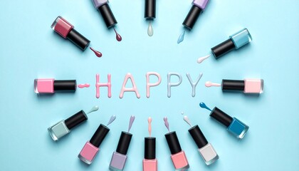 Obraz premium マットな背景に、いくつかのパステルカラーのネイルポリッシュボトルが散らばり、 中央には「Happy」の文字がネガティブスペースとして浮かび上がる構図。 こぼれたポリッシュが文字の輪郭をやさしく縁取り、柔らかい光に包まれた幸福感を演出します。
