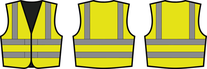 Three high visibility safety vests in bright yellow with reflective stripes, protective workwear clothing, front and back view, cad drawing flat vector illustration