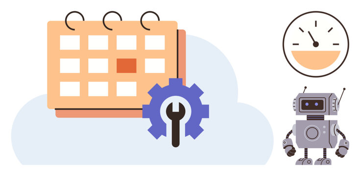 Calendar, gear with a wrench, cloud, robot, and clock emphasize automation, planning, AI support, and productivity. Ideal for time management technology workflow AI robotics cloud systems