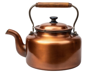 Charming vintage copper teapot with wooden handle for warm feeling. An old retro kettle and antique kitchenware object for hot beverage, isolated for design